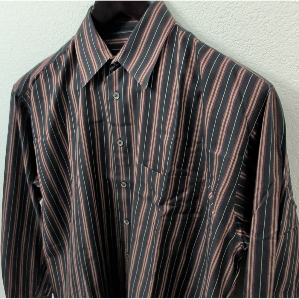 Burberry Mens London Striped Dress Shirt Large Black Red Cotton Made in USA